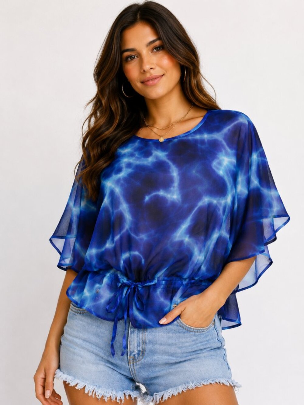 Outback Red Blue Water Print Sheer Chiffon Boho Blouse XS